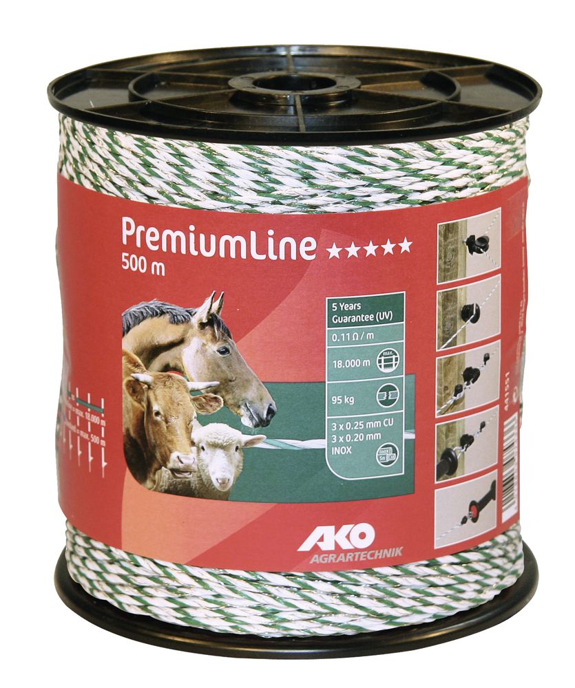 PremiumLine Weidezaunlitze 500 m Rolle, weiß/ grün