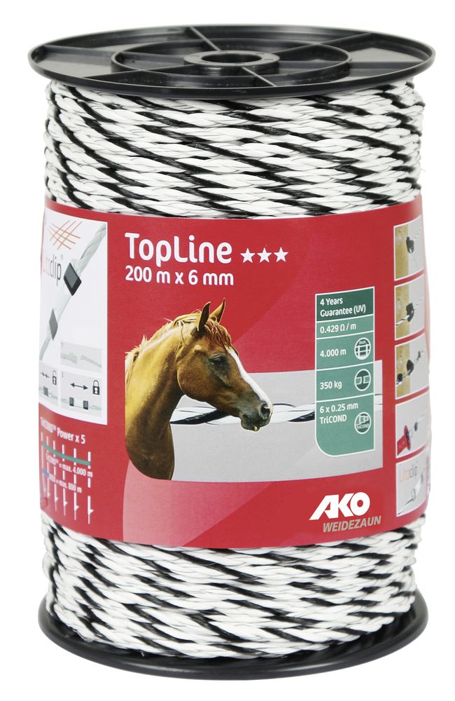 TopLine Plus Weidezaunseil 6 mm, 200 m Rolle, weiß/ schwarz
