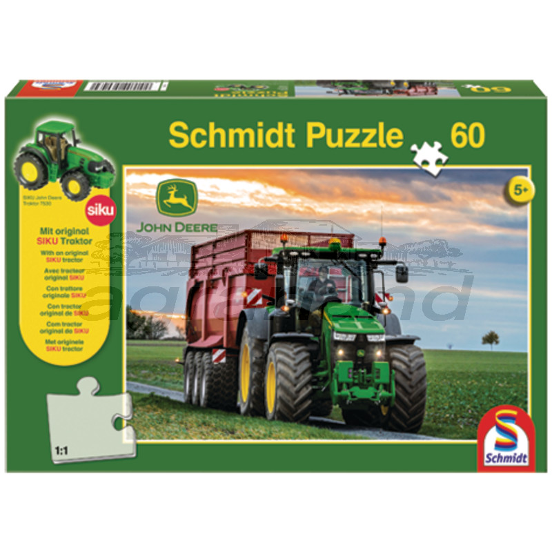 Schmidt Puzzle, John Deere mit Anhänger + SIKU Traktor, 60 Teile